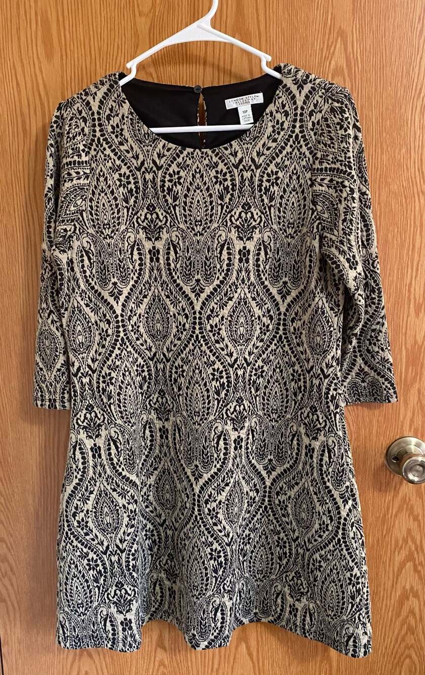 London Style Collection Petites 3/4 Sleeve Black Beige Paisley Dress Size 10P